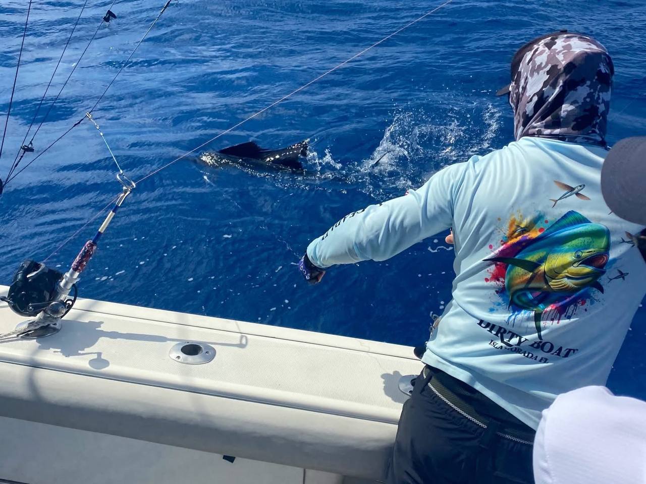 Crew working a sailfish boat-side aboard Miss Penny during the April 18 trip